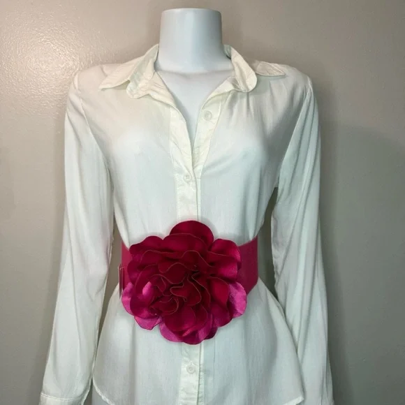 Fuchsia statement satin flower wide elastic waistband belt - Picture 2 of 8